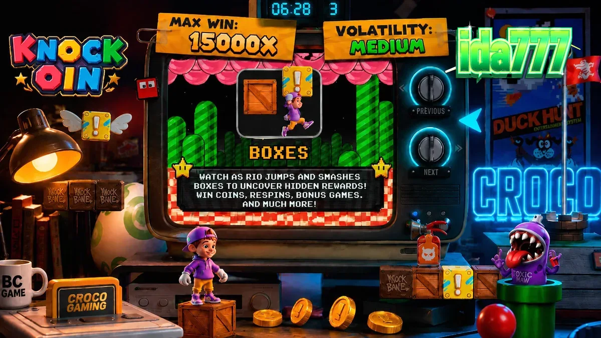 Tampilan visual retro 8-bit dari slot KNOCKOIN dengan karakter Rio